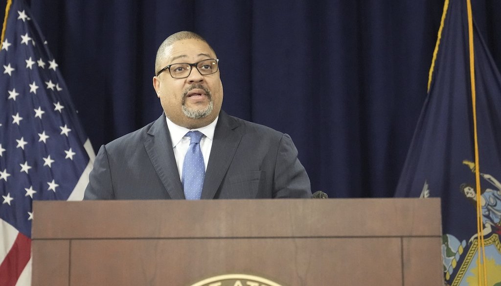 Manhattan District Attorney Alvin Bragg speaks at a press conference April 4, 2023, after the arraignment of former president Donald Trump in New York. (AP)