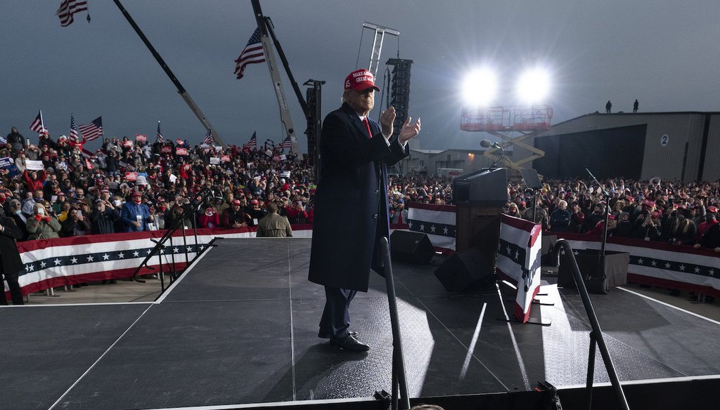 President Donald Trump at the finish of a campaign rally at Muskegon County Airport in Michigan. (AP Photo/Alex Brandon)