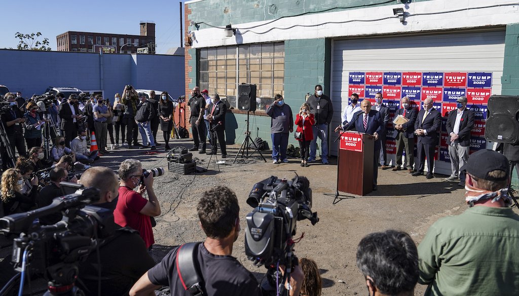 Former New York mayor Rudy Giuliani, a lawyer for President Donald Trump, speaks during a news conference at Four Seasons Total Landscaping on legal challenges to vote counting in Pennsylvania, Saturday Nov. 7, 2020, in Philadelphia. (AP/John Minchillo)