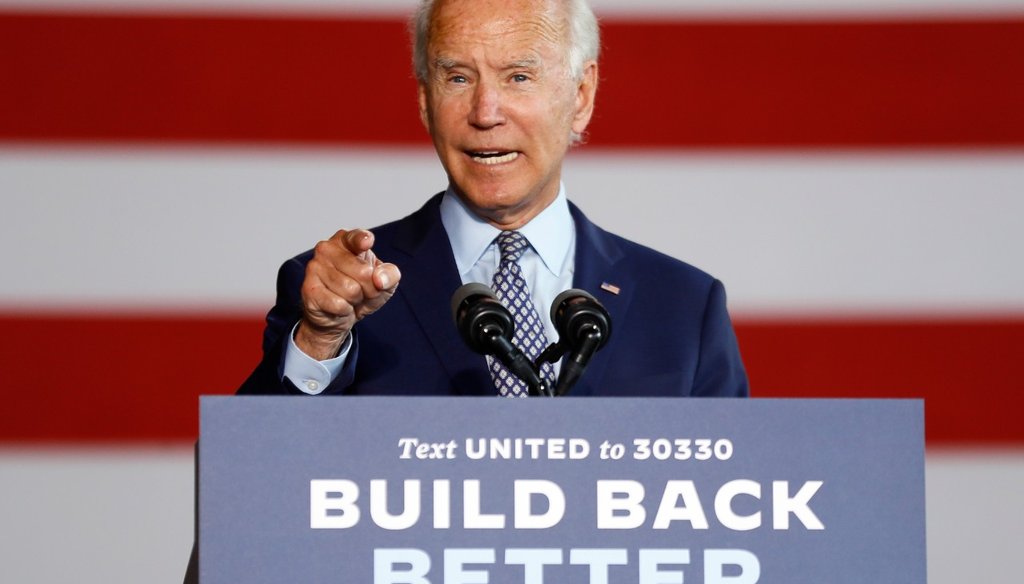 Democratic presidential candidate former Vice President Joe Biden speaks at McGregor Industries in Dunmore, Pa., Thursday, July 9, 2020. (AP Photo/Matt Slocum)