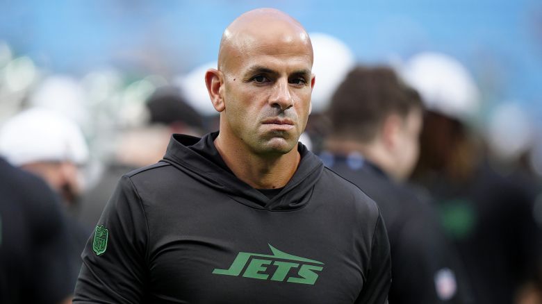 New York Jets head coach Robert Saleh before a preseason NFL football game against the Carolina Panthers, Saturday, Aug. 17, 2024, in Charlotte, N.C. (AP Photo/Jacob Kupferman)