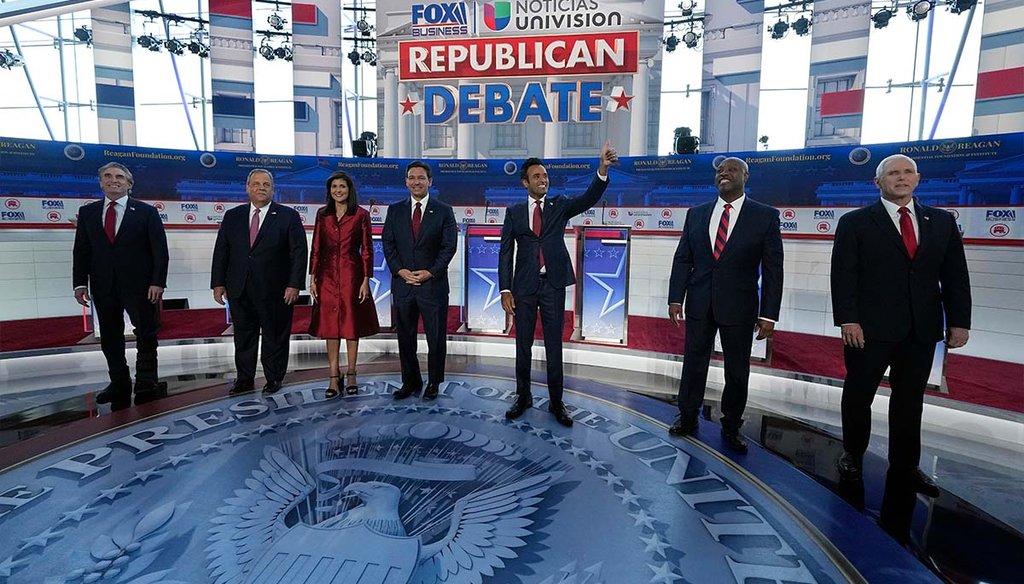 Republican presidential candidates stand onstage for the second primary debate, Sept. 27, 2023, at the Ronald Reagan Presidential Library in Simi Valley, Calif. (AP)