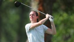 Caitlin Clark plays a shot during the Pro-Am prior to the John Deere Classic at TPC Deere Run in July 2023.